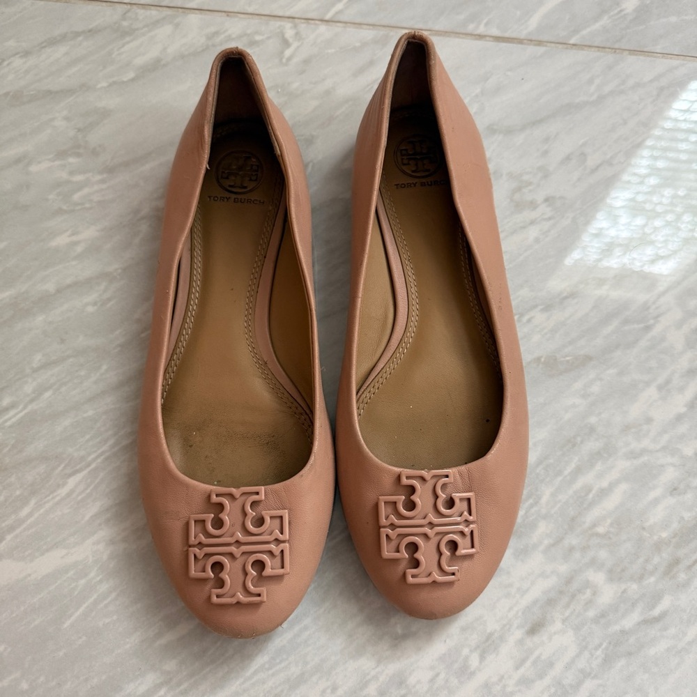 Tory Burch Blush Leather Logo Ballet Flats